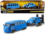 Volkswagen Van Samba with Volkswagen Beetle and Flatbed Trailer Blue "Kool Kafers" Set of 3 pieces "Elite Transport" Series 1/24 Diecast Model Cars b