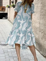 Leisure Wave Pattern Short Sleeve Ruffle Midi Print Dress
