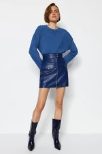 Trendyol Indigo Belt Zipper Detailed Faux Leather Mini Woven Skirt