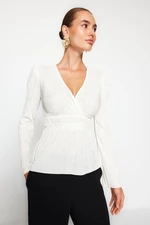 Trendyol Ecru V-Neck Knitted Blouse with Pleats, Double Breasted, Frilled