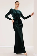 By Saygı Long Velvet Dress with Front Pleated Belt