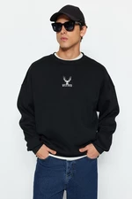 Trendyol Black Men's Oversize/Wide-Fit Crew Neck Long Sleeve Animal Embroidered Sweatshirt.