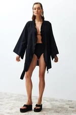 Trendyol Black Belted Mini Woven Ruffled 100% Cotton Kimono & Kaftan