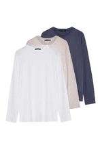 Trendyol 3-pak ciemnoszaro-beżowo-biały Slim/Slim Fit 100% bawełna Koszulka Basic Z Długim Rękawem