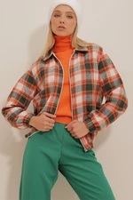 Trend Alaçatı Stili női narancssárga mintás cipzáras rugalmas derék szezonális bombázó dzseki