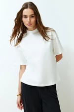 Trendyol White 100% Cotton Stand Collar Three Quarter Sleeve Knitted T-Shirt