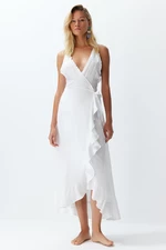 Trendyol White Belted Midi Woven Flounce Beach Dress