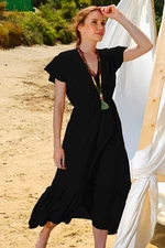 Trend Alaçatı Stili Dámské černé pruhované dvouřadé maxi šaty s límečkem a krčeným vzhledem