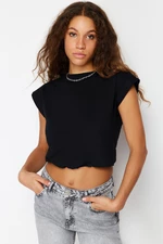 Trendyol Black 100% Cotton With Stopper Moon Sleeve Regular/Normal Fit Crop Knitted T-Shirt