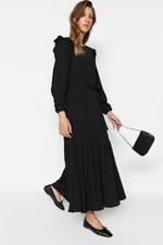 Trendyol Čierne vlnené tkané šaty zmiešané s viskózou s volánovými volánmi na rameno