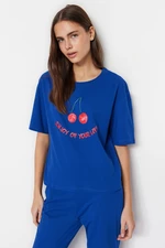 Trendyol Námornícka Modrá 100% Bavlnená Pyžamová Súprava s Tlačou Čerešní - Tričko a Nohavice
