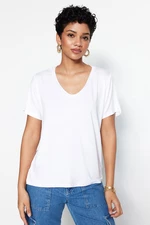 Trendyol White Viscose Basic V-Neck Knitted T-Shirt