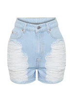 Trendyol Light Blue Ripped High Waist Mini Denim Shorts & Bermuda