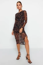 Trendyol Brown Printed Tulle Lined Fitting, Long Sleeve Midi Knitted Dress with Smocking