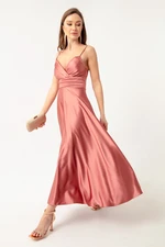 Lafaba Women's Salmon Satin Midi Evening Dress With Thread Straps and Waist Belt