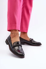 Women's leather loafers with decorative belt, Patent leather black Saosin