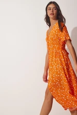 Happiness İstanbul Women's Orange Floral Viscose Summer Dress with One Button