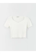 LC Waikiki Women's Heart Collar Plain Short Sleeve Crop T-Shirt