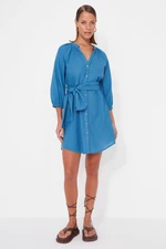 Trendyol Blue Belted mini tkané plážové šaty zo 100% bavlny