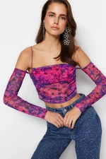 Trendyol Pink-Multicolored Crop Lined Tulle Printed Blouse