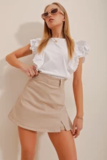 Trend Alaçatı Stili Women's Beige Slit Detailed Jean Shorts Skirt with Zipper on the Side