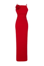 Trendyol Red Body-Sitting Rose Detailed Long Evening Dress