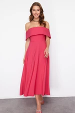 Trendyol Fuchsia Carmen Neck Open Waist/Skater Woven Elegant Evening Dress