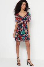 Trendyol Multicolored Floral Print A-Line Mini Tulle Knitting Dress With Low-Cut Back