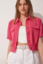 Happiness İstanbul Women's Dark Pink Summer Linen Viscose Jacket with Pockets and Short Sleeves