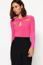 Trendyol Fuchsia Cut Out and Shirring Detailed Fitted/Sleepy, Flexible Knitted Body with Snap Snaps