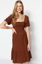 Trendyol Brown Skater Square Neck Balloon Sleeve Midi Crepe Knit Dress