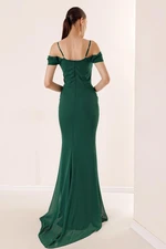 By Saygı Rope Strap Low Sleeve Underwire Front Draped Lined Long Chiffon Dress Emerald