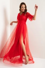 Lafaba Women's Red Balloon Sleeve Silvery Long Evening Dress