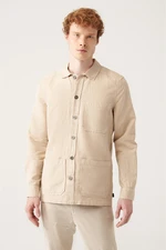 Avva Men's Beige Straight Three Pocket Linen Jacket Shirt