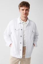 Avva Men's White Washed 100% Cotton Comfort Fit Denim Coat