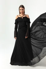 Lafaba Women's Black Halter Low Sleeve Chiffon Evening Dress.