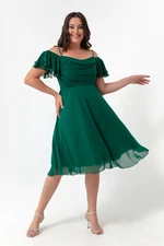 Lafaba Women's Emerald Green Straps, Flare Cut Midi Plus Size Evening Dress.