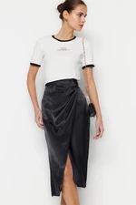 Trendyol Black Midi Woven Gathered Slit Detail Double Breasted Satin Fabric Skirt