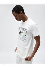 Koton Slogan Printed T-Shirt with Floral Detail, Slim Fit Crew Neck Cotton.