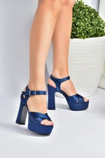 Fox Shoes Navy Blue Satin Fabric Platform Heels, Women's Evening Dress Shoes