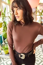 Olalook Women's Plain Bitter Brown Half Turtleneck Lycra Knitted Viscose Blouse