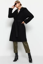 Trendyol Black Oversized Wide-Cut Standard Size Hooded, Belted Long Stamped Coat