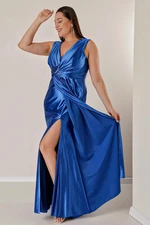 By Saygı Plus Size Long Satin Dress with Beaded Detail and Lined Draping in the Front.