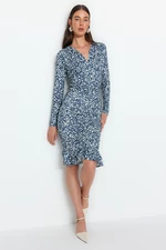 Trendyol Blue Printed and Pleated Sleeveless V-Neck Long Sleeve Mini Stretch Knit Dress