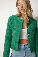 Happiness İstanbul Women's Green Buttoned Tweed Jacket