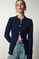 Happiness İstanbul Women's Navy Blue Polo Collar Knitted Sweater Cardigan