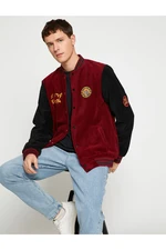 Koton Fleece College Jacket Bomber Collar Embroidered Detailed With Snaps.