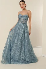 By Saygı Sequins And Glitter Underwire Long Dress With Beading Detailed, Lined Indigo.