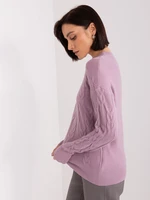 Purple women's sweater with cables and long sleeves