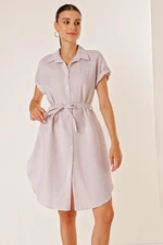 By Saygı Lilac Stripe See-through Dress with Belted Waist, Short Sleeves and Buttons in the Front.